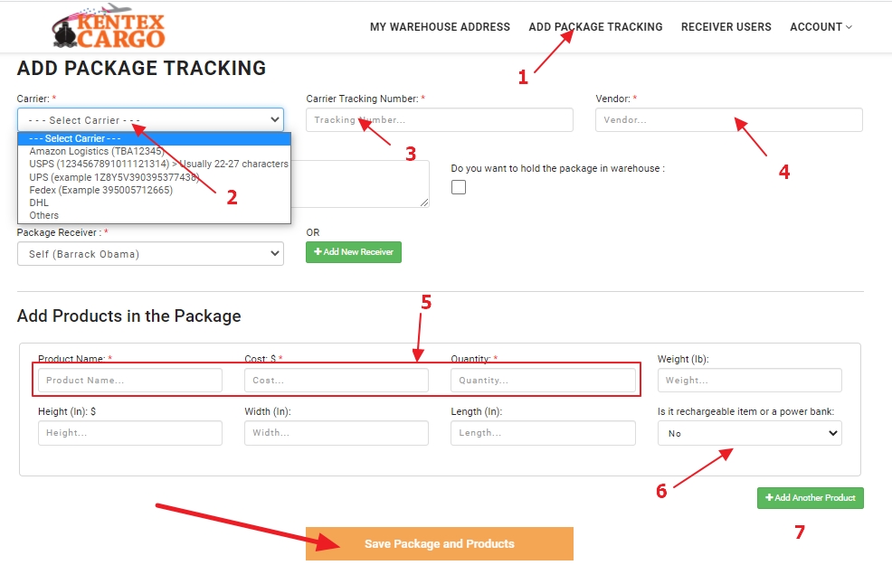Select package carrier and tracking
